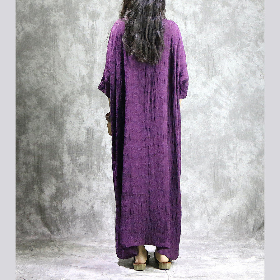 Baggy Purple Linen Dresses V Neck Baggy Gown Boutique Pockets Jacquard Autumn Dress