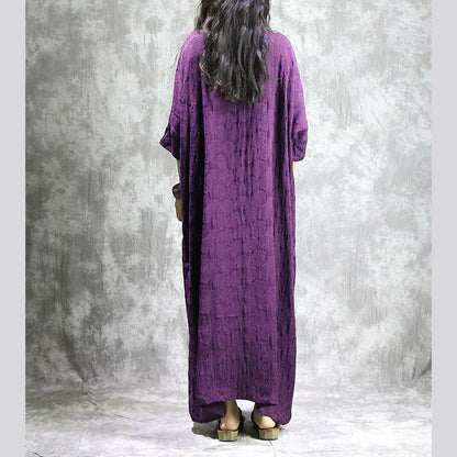 Baggy Purple Linen Dresses V Neck Baggy Gown Boutique Pockets Jacquard Autumn Dress