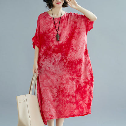 Baggy Red Linen Dresses Oversize O Neck Linen Gown Short Sleeve Baggy Dresses Linen Caftans