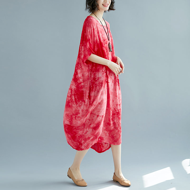 Baggy Red Linen Dresses Oversize O Neck Linen Gown Short Sleeve Baggy Dresses Linen Caftans