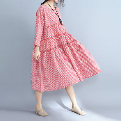 Baggy Red Plaid Pure Linen Dresses Patchwork O Neck Midi Dress