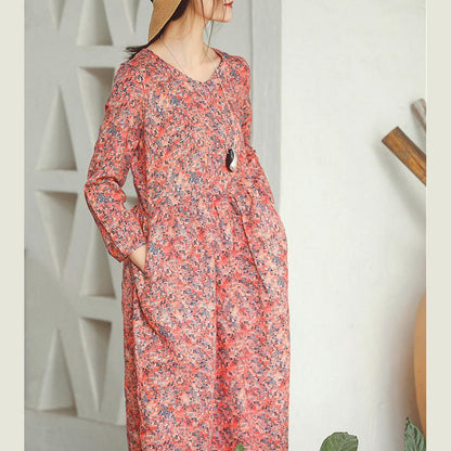 Baggy Red Print Linen Dress Clothing Holiday Dresses Long Sleeve Baggy Dresses O Neck Midi Dress