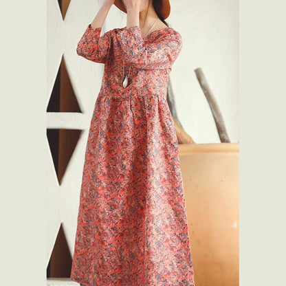 Baggy Red Print Linen Dress Clothing Holiday Dresses Long Sleeve Baggy Dresses O Neck Midi Dress