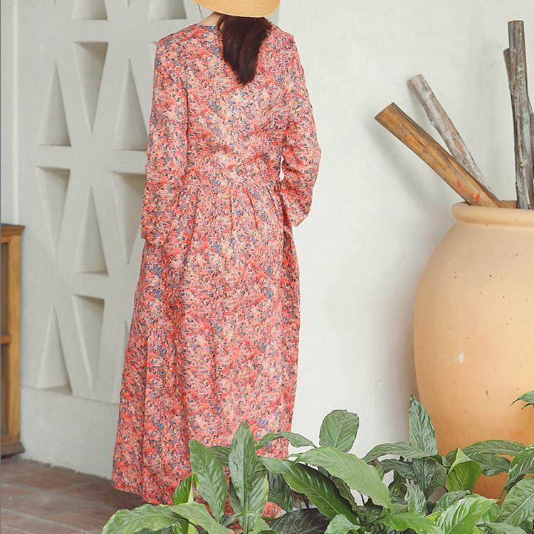 Baggy Red Print Linen Dress Clothing Holiday Dresses Long Sleeve Baggy Dresses O Neck Midi Dress