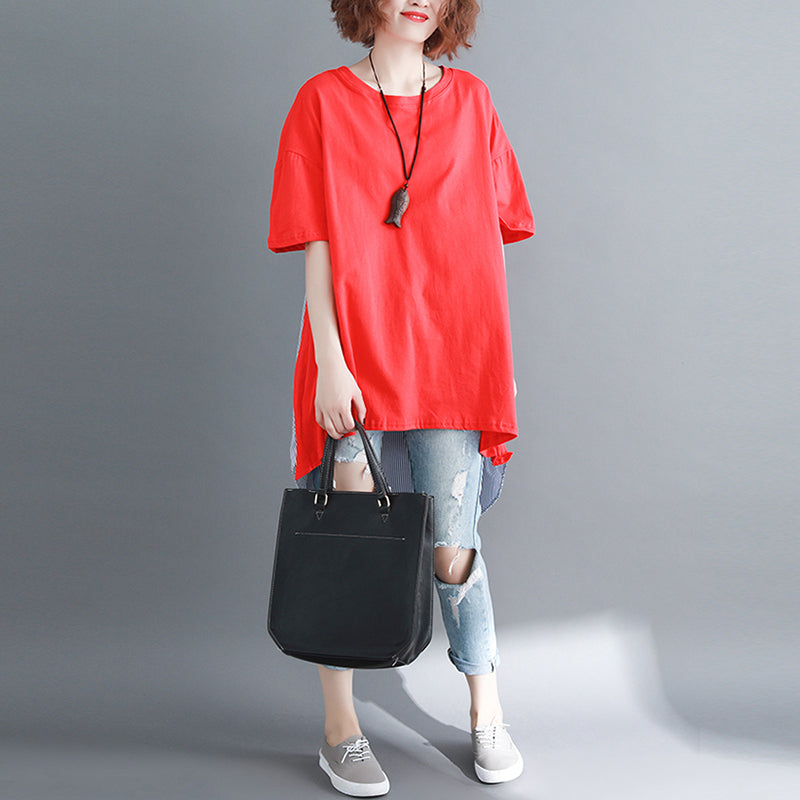 Baggy Red Pure Linen Cotton Blouse Shirts Boutique O Neck Striped Batwing Sleeve Cotton Clothing