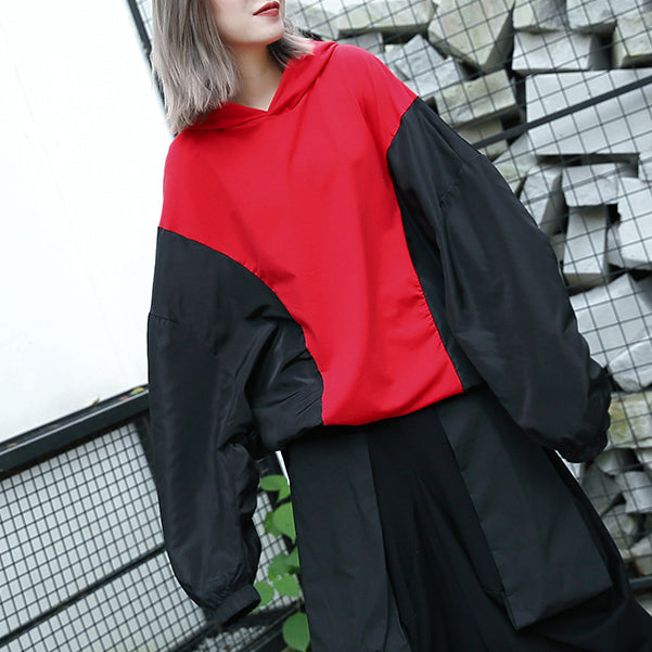 Baggy Red Tops Hooded Patchwork Cotton Blended Clothing Blouses Fine Batwing Sleeve Tops