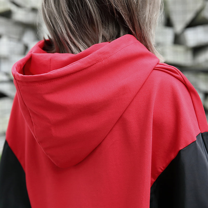 Baggy Red Tops Hooded Patchwork Cotton Blended Clothing Blouses Fine Batwing Sleeve Tops