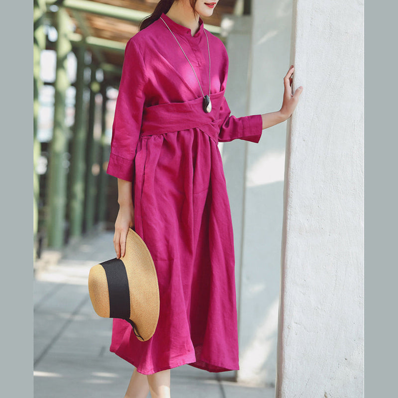 Baggy Rose Cotton Linen Dress Stand Cotton Linen Clothing Dress New Three Quarter Sleeve Baggy Dresses