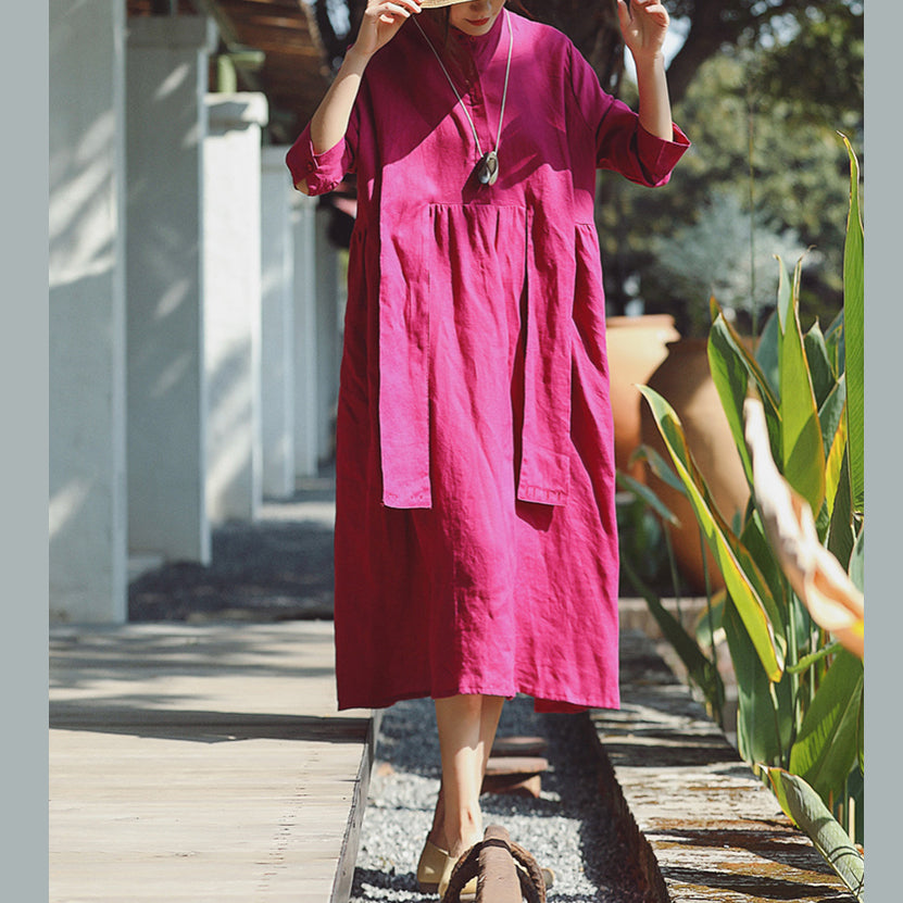 Baggy Rose Cotton Linen Dress Stand Cotton Linen Clothing Dress New Three Quarter Sleeve Baggy Dresses