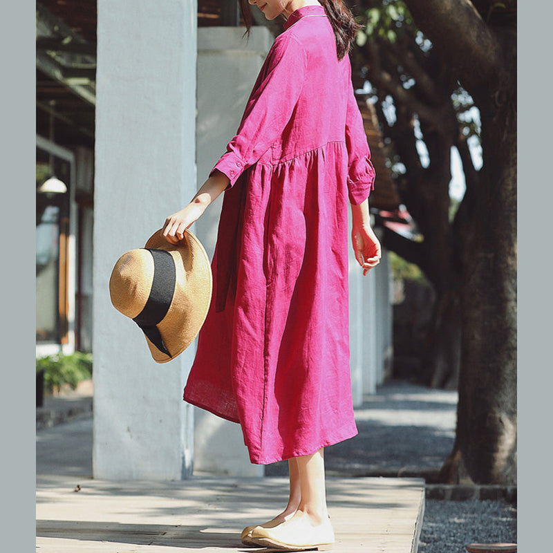 Baggy Rose Cotton Linen Dress Stand Cotton Linen Clothing Dress New Three Quarter Sleeve Baggy Dresses