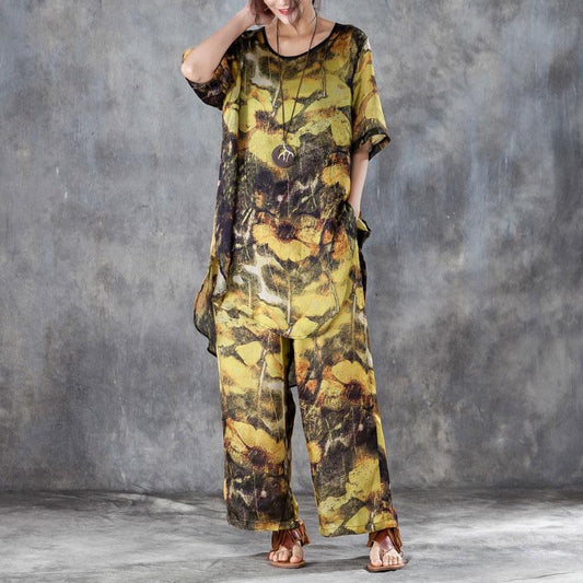 Baggy Chiffon Summer Dress Oversized Yellow Two Pieces Set Printed Irregular Top Wide Leg Pants