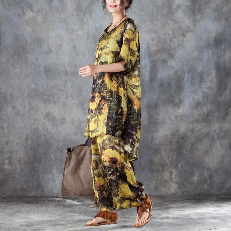 Baggy Chiffon Summer Dress Oversized Yellow Two Pieces Set Printed Irregular Top Wide Leg Pants