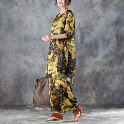 Baggy Chiffon Summer Dress Oversized Yellow Two Pieces Set Printed Irregular Top Wide Leg Pants