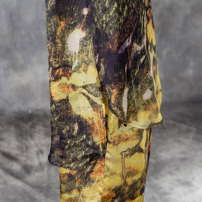 Baggy Chiffon Summer Dress Oversized Yellow Two Pieces Set Printed Irregular Top Wide Leg Pants