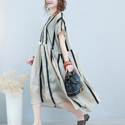 Baggy Striped Chiffon Caftans Oversized Asymmetric Hem Chiffon Gown O Neck Kaftans
