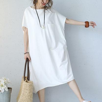 Baggy White Natural Cotton Dress Oversized Cotton Clothing Dress Short Sleeve O Neck Cotton Dresses
