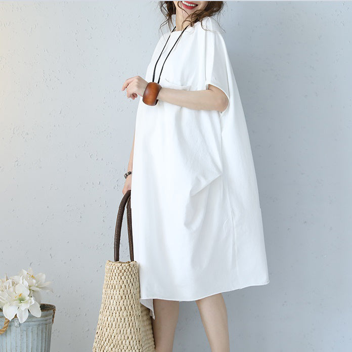 Baggy White Natural Cotton Dress Oversized Cotton Clothing Dress Short Sleeve O Neck Cotton Dresses