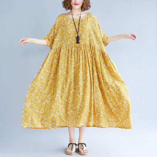 Baggy Yellow Cotton Linen Dresses Print Short Sleeve Long Dresses Fine O Neck Baggy Dresses Linen Clothing Dress