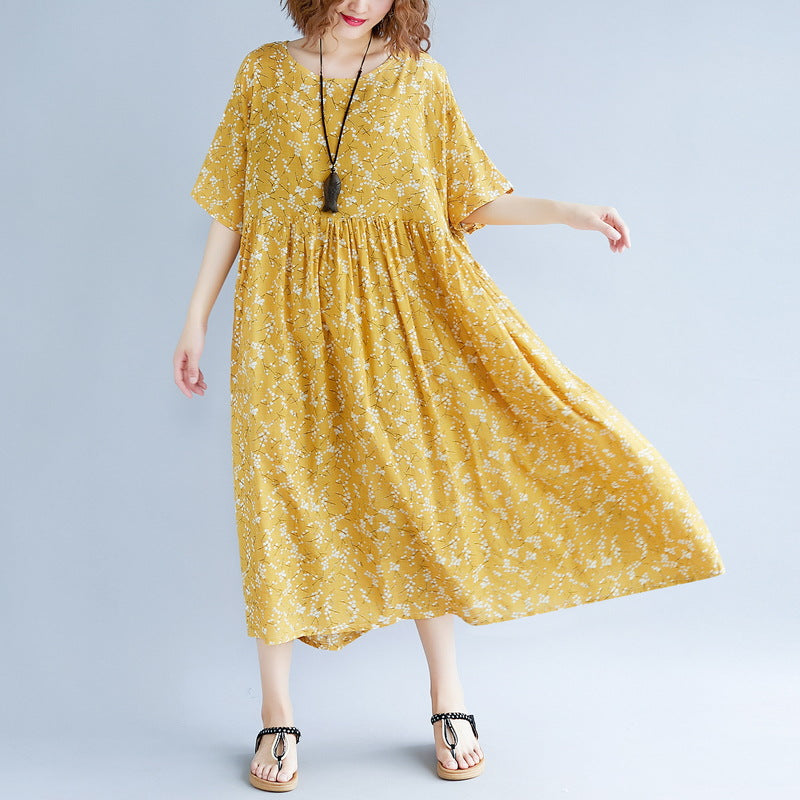 Baggy Yellow Cotton Linen Dresses Print Short Sleeve Long Dresses Fine O Neck Baggy Dresses Linen Clothing Dress