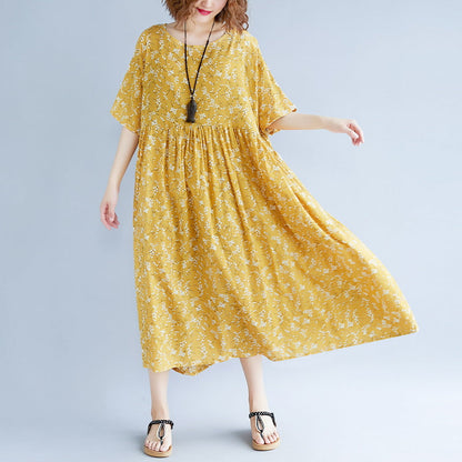 Baggy Yellow Cotton Linen Dresses Print Short Sleeve Long Dresses Fine O Neck Baggy Dresses Linen Clothing Dress