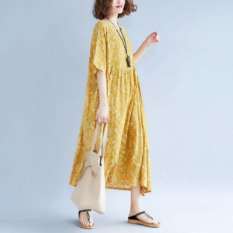 Baggy Yellow Cotton Linen Dresses Print Short Sleeve Long Dresses Fine O Neck Baggy Dresses Linen Clothing Dress