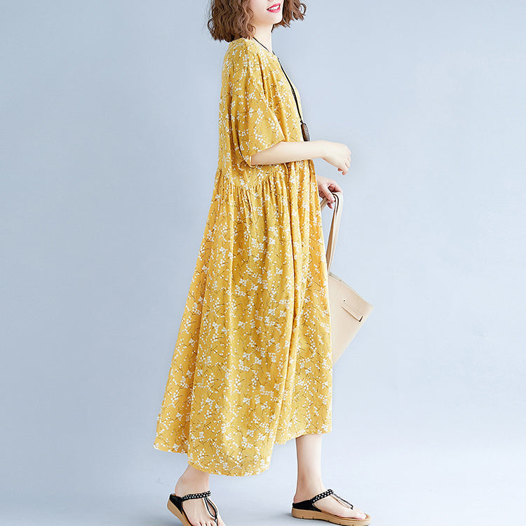 Baggy Yellow Cotton Linen Dresses Print Short Sleeve Long Dresses Fine O Neck Baggy Dresses Linen Clothing Dress