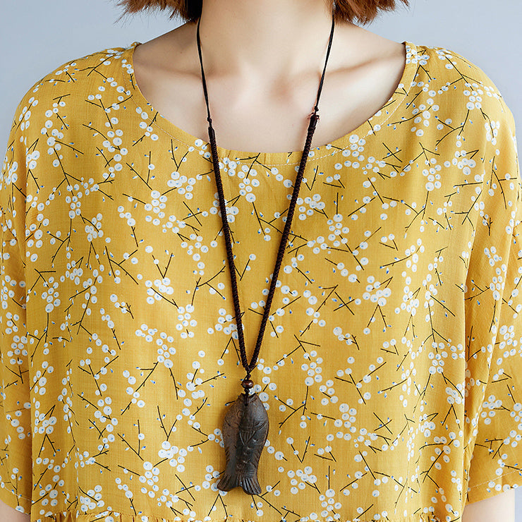 Baggy Yellow Cotton Linen Dresses Print Short Sleeve Long Dresses Fine O Neck Baggy Dresses Linen Clothing Dress