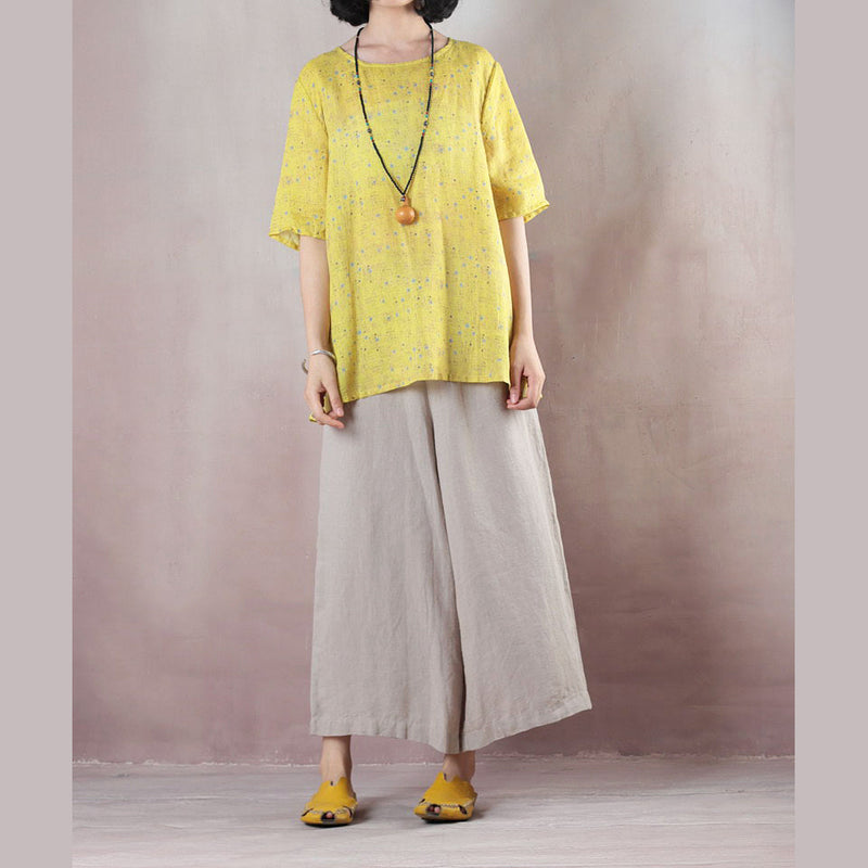 Baggy Yellow Print Natural Linen T Shirt Loose Fitting Traveling Clothing Short Sleeve O Neck Back Side Open Natural Linen Pullover
