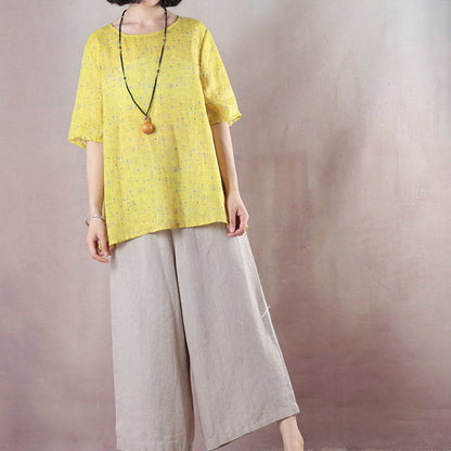 Baggy Yellow Print Natural Linen T Shirt Loose Fitting Traveling Clothing Short Sleeve O Neck Back Side Open Natural Linen Pullover