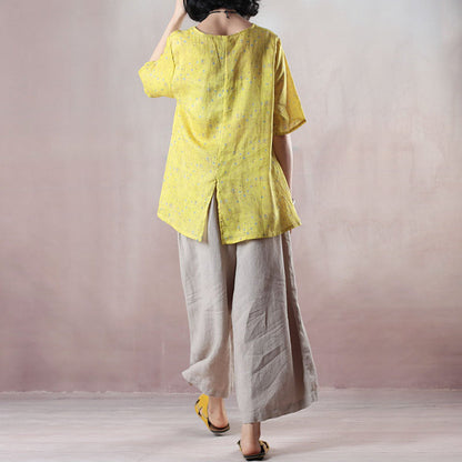 Baggy Yellow Print Natural Linen T Shirt Loose Fitting Traveling Clothing Short Sleeve O Neck Back Side Open Natural Linen Pullover