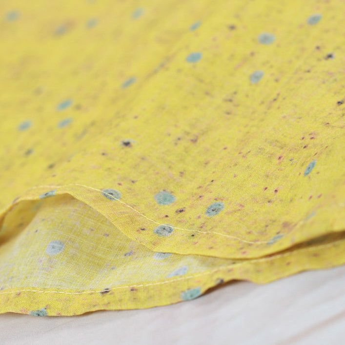 Baggy Yellow Print Natural Linen T Shirt Loose Fitting Traveling Clothing Short Sleeve O Neck Back Side Open Natural Linen Pullover