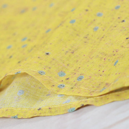 Baggy Yellow Print Natural Linen T Shirt Loose Fitting Traveling Clothing Short Sleeve O Neck Back Side Open Natural Linen Pullover