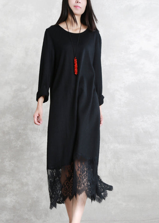 Baggy Black Long Wool Blended Dresses O Neck Patchwork Traveling Dress Long Sleeve Lace Autumn Dress