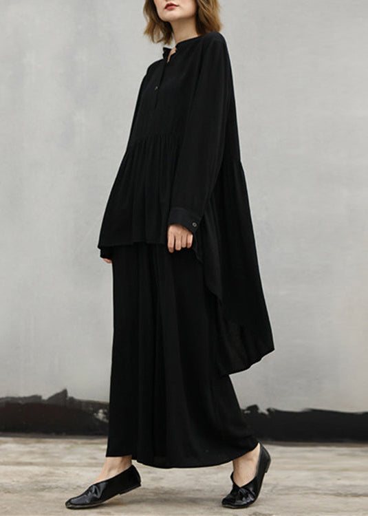 Baggy Black Natural Cotton T Shirt Two Pieces Loose Fitting Stand Collar Cinched Holiday Tops Baggy Trousers