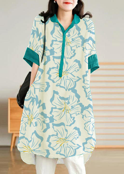 Jade Green Flower Linen Linen Shirt Dress