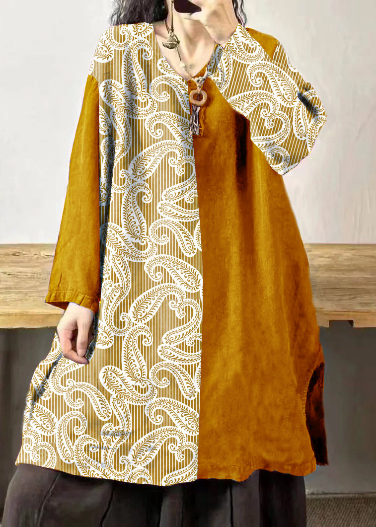 Mulberry V Neck Embroidered Patchwork Linen Mid Dresses Fall