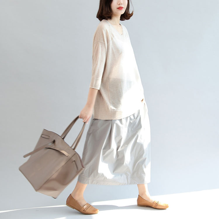 Beige Stylish Linen Blouse Oversize Tops Long Sleeve T Shirt