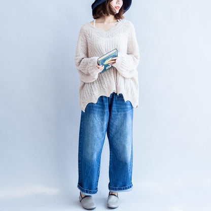 Beige White Knit Sweaters Ruffles Sweater