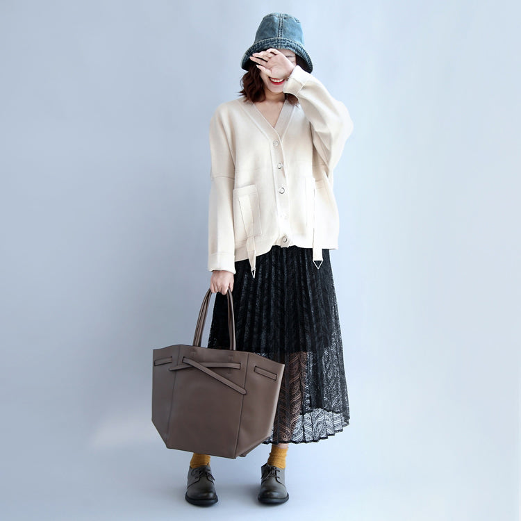 Beige White Thick Cotton Sweater Outwear V Neck Short Cardigans