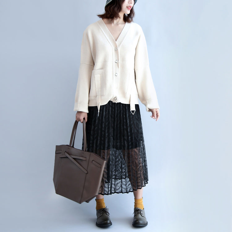 Beige White Thick Cotton Sweater Outwear V Neck Short Cardigans