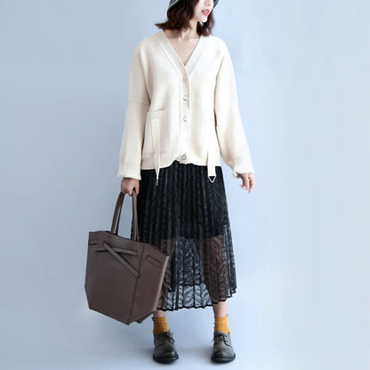 Beige White Thick Cotton Sweater Outwear V Neck Short Cardigans