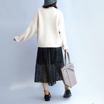 Beige White Thick Cotton Sweater Outwear V Neck Short Cardigans