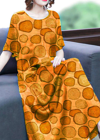 Yellow-cashew Print Silk Long Dress Oversized Pockets Wrinkled Summer