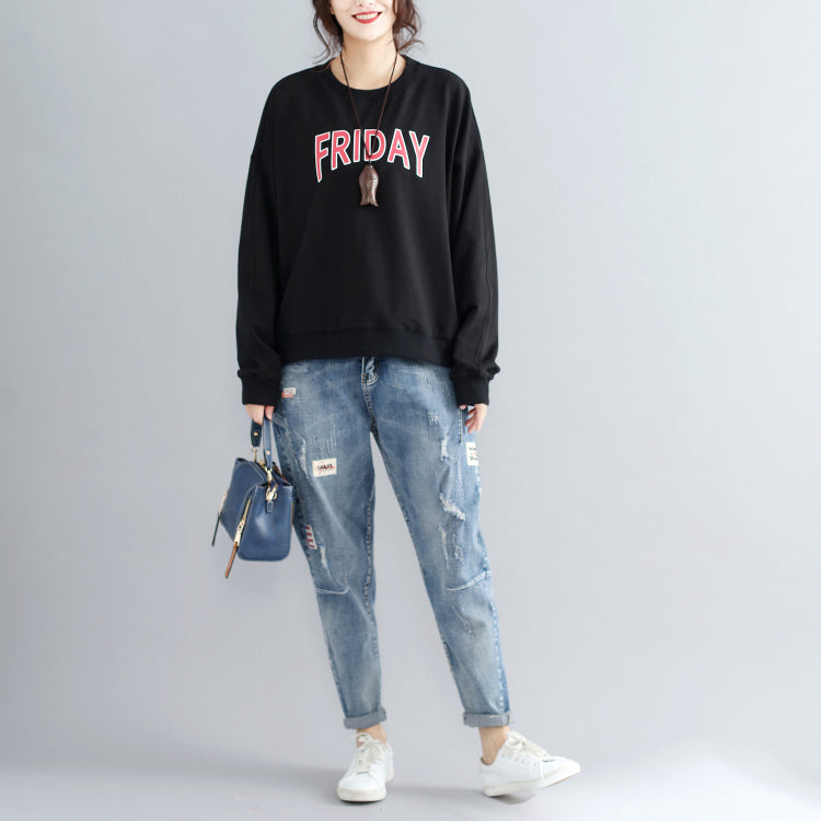 black alphabet  print cotton pullover plus size fashion thick batwing sleeve tops