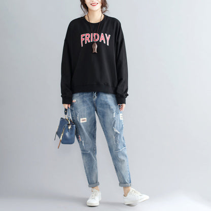 black alphabet  print cotton pullover plus size fashion thick batwing sleeve tops