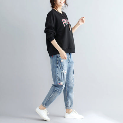 black alphabet  print cotton pullover plus size fashion thick batwing sleeve tops