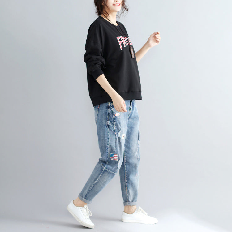 Black Alphabet Print Cotton Pullover Thick Batwing Sleeve Tops