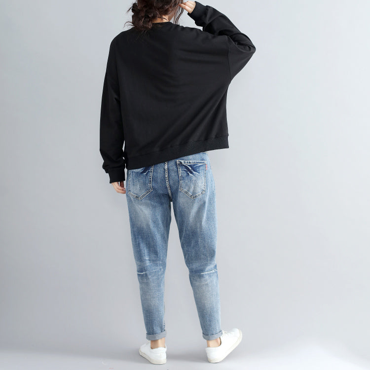 Black Alphabet Print Cotton Pullover Thick Batwing Sleeve Tops