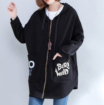 Black Autumn Hooded Cotton Coats Zippered Casaul Cardigans Outwear