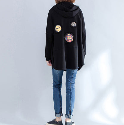Black Autumn Hooded Cotton Coats Zippered Casaul Cardigans Outwear